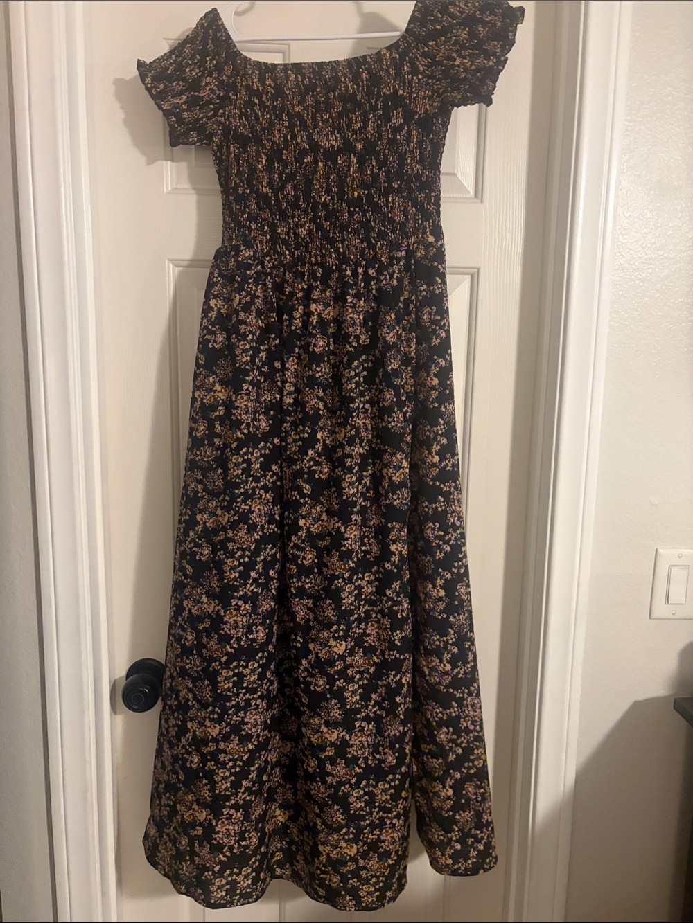 Smocked Mini Skirt with Black and Tan Floral Print